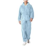 Generisch Jumpsuit Men's Winter Warm Plush Sleepsuit with Zip Cuddly Double-Sided Velvet Pyjamas Men Teddy Fleece Onesie Plain Pyjamas with Pockets, Light blue, XXL