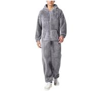 Generisch Jumpsuit Men's Winter Warm Plush Sleepsuit with Zip Cuddly Double-Sided Velvet Pyjamas Men Teddy Fleece Onesie Plain Pyjamas with Pockets, O Dark Grey, XXL