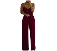 Generisch Jumpsuit Women's Trouser Suit Overall Set Women's Casual Plain Two Beads Straps Heart-Shaped V-Neck High Waist Trousers Jumpsuit Trousers Summer Elegant Playsuit Jumpsuit, Wine Red, XXL