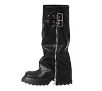 Generisch Knee-high boots for women, wide feet, calf boots, leather boots, wide shaft boots with turn-over shaft, long shaft, cowgirl boots with side zip, black, 4 UK