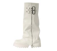 Generisch Knee-High Boots Women's Platform Shark Boots with Heel Block Heel High Boots Western Boots with Zip Flat Autumn Boots Women's Boots Fashionable Cowboy Boots PU Leather Boots, White, 5.5 UK
