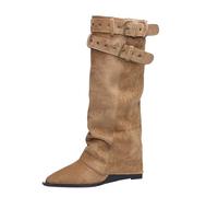 Generisch Knee-High Boots Women's Wide Calf Slouch Boots with Buckle Straps Calf Boots Wedge Heel Half Height Boots Square Toe Leather Boots Casual Slip-On Boots for Autumn, khaki, 8.5 UK