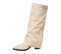 Generisch Knee-high boots women's with block heel, slip-on boots, women's winter ankle boots, foldable over-the-knee boots, pointed toe, long shaft boots, plain women's boots, comfortable boots, beige