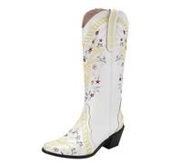 Generisch Knee High Western Boots for Women, Cowboy Boots with Block Heel, Pointed Toe Print, Women's Leather Boots, Sleeves, Fashion Boots, High Heel Shoes, Large Size Boots, White, 10 UK