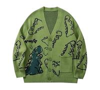 Generisch Knitted Coat Women's Chunky Knit Cardigan with Dinosaur Print, Oversized Streetwear Pullover Cardigan Wrap, Green, L