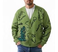 Generisch Knitted Jumper Men's Cardigan Knitted Shirts Cute Dinosaur Print V-Neck Oversized Pullover Comfortable Versatile Costume Individuality Unisex Adult, O Green, XL