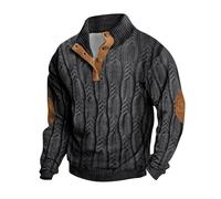 Generisch Knitted Jumper Men's Cotton Pullover with 1/4 Button Down Stand-Up Collar Cardigan Plain Cable Knit Sweatshirt Patches Long Sleeve Sweater Leisure Vintage Sweatshirts for Winter, black, XXL