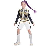 Generisch KPop Demon Rumi Zoey Mira Costume Cosplay Gold Colour Black Costume Huntrix Top Trousers for Girls White Outfit Set Halloween 4-12 Years Christmas Children (Rumiie, 4-5 Years)