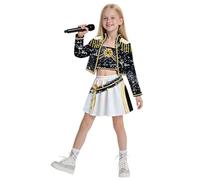 Generisch KPop Demon Rumi Zoey Mira Costume Cosplay Gold Colour Black Costume Huntrix Top Trousers for Girls White Outfit Set Halloween 4-12 Years Christmas Children (Mirala, 8-9 Years)
