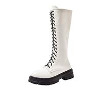 Generisch Lace-Up Boots Women's Black Elegant Knee Boots Women's Flat Platform Non-Slip Block Heel with Side Zip Winter Boots Waterproof Plain Leather Boots Wide Shaft, White, 5 UK