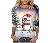 Generisch Ladies Christmas Penguin Series Quarter Sleeve, White, XXL
