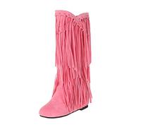 Generisch Ladies Plus Size Chunky Heel Fringe Winter Boots Mid-Length Boots with Heavy Duty Tread for Cold Days, pink, 10 UK