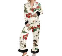 Generisch Ladies Retro Cat Christmas Pyjamas Set with Faux Fur Details | Vintage Style Two Piece Sleepwear, style_q01 beige, L