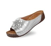 Generisch Ladies Stylish Open Toe Wedge Loafers Leather Top Floral Pattern Comfortable Shoes With Temperament, silver, 10 UK