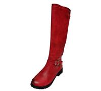 Generisch Ladies Winter Cowboy Style Chunky Heel Belt Buckle Boots - Fashionable Mid-Calf Boots for Cold Days, red, 6 UK