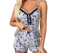 Generisch Lapel Pyjama Set for Women Soft Sleepwear Loungewear Spring Autumn Winter Heart Pattern Pyjama Set Casual Cotton Long Sleeve Tops Trousers, Pyjamas B8-grey, L