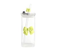 Generisch Latte Macchiato Glass 400 ml - Square Glass Cup with Green Bow, Lid & Straw | Gift for Girlfriend - Without Handle, Plastic Lid