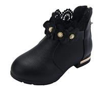 Generisch Leather Ankle Boots Girls Boots with Pearl and Flower Boots with Lace Border Leather Boots Small Thick Heel Slip-On Boots Comfortable Soft Soles Autumn Boots Ankle Boots, black, 9.5 UK Child