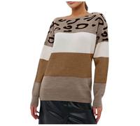 Generisch Leopard Print Color Block Knitted Sweater Women Casual Long Sleeve Pullover Stylish Layered Sweater, brown, XL