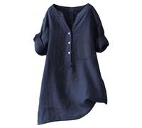Generisch Linen Shirt Women's Short Sleeve Long Blouse Elegant Linen Blouse Summer Oversize Muslin Blouse Oversized Large Sizes Shirt Blouse Long Linen Shirt Chic Tops Linen Blouses Long Shirt, navy