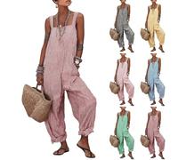 Generisch Linen Trousers Women's Summer Jumpsuit Elegant Striped Sleeveless Dungarees Long Cotton Linen Overalls Casual Straps Romper with Adjustable Buttons Loose Wide Leg Romper with Pockets, hellgr