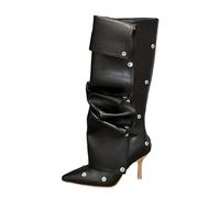 Generisch Long Coloured Toe Warm Pure Autumn Boots Round Thick Ladies with Straight Sole, black, 2 UK