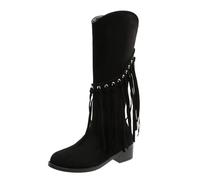 Generisch Long Shaft Boots Women's Ankle Boots Suede Tassel Zipper Bootie Autumn Winter Boots Ankle Boots Western Boots Mid-Height Winter Shoes Elegant Slip-On Boots Party Boots, black, 4.5 UK