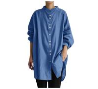 Generisch Long Shirt Women Shirt Long Sleeve Linen Shirt Cotton Linen Casual Large Size Plain Loose Adult Women Blouse Long Sleeve Elegant Sleeves, blue, L