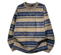 Generisch Long Sleeve Shirt with Striped Pattern, Double Yarn Knit, Crew Neck, Contrast Trim, Comfortable Base Layer for Leisure, Oversize Stripes Pullover, Men's Vintage Grunge Sweatshirt, O coffee