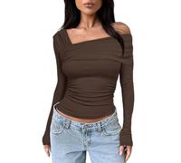 Generisch Long Sleeve Women's Tops Shirt Blouse Women's One Shoulder Long Sleeve Top Pleated Going Out Top Slim Fit Shirt Crop Top, brown, M