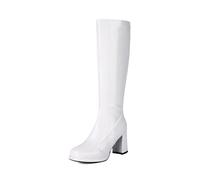 Generisch Long Women's Winter Boots with Coloured Toe Warm Plain Autumn Boots Round Shape Thick Straight Sole Zip for Daily Leisure, White, 1 UK
