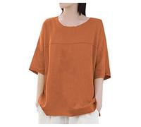 Generisch Loose short summer shirt, solid top, casual blouse, women's neckline, round sleeves, women's blouse, festival bracelets, fabric printed, orange, 3XL