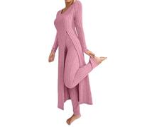 Generisch Lounge Set Women's Knitted Suit Leisure Suit Long Homewear Pyjamas Women's Suits Slits Pullover and Trousers Loungewear Leisure Suit Trouser Suit Muslin Autumn Winter Warm Two Pieces, red, M