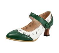 Generisch Mary Jane Women's Two Tone Classic Retro 1920s Pump Heels Oxford Pattern 1950s Vintage Round Closed Toe Ankle Strap Dress Shoes, Green, 4 UK
