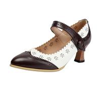 Generisch Mary Jane Women's Two Tone Classic Retro 1920s Pump Heels Oxford Pattern 1950s Vintage Round Closed Toe Ankle Strap Dress Shoes, brown, 10 UK
