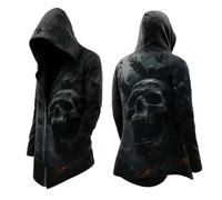 Generisch Medieval Nordic Mythology Coat Men's Sleeveless Hooded Cardigan in Biker Style - Open Vest with Rivets and Skull Motif | Unusual Gilet for a Rocking Look, gray, L