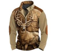 Generisch Men's 3D Print Sweatshirt with Deer Motif, Realistic Hunting and Outdoor Shirt, Troyer with Animal Motif and Zip Collar, Style_i01 Khaki, XXL