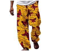 Generisch Men's African Dashiki Design Trousers with Traditional Pattern for Casual Leisure Summer Holiday Days, yellow, 3XL