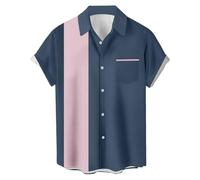 Generisch Men's Bowling Shirt in Minimalist Retro Style, Short Sleeve Shirt in Two-Tone Colour Block Design, Casual Button-Down Shirt for Summer, Style_e01 Navy, 5XL