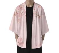 Generisch Men's Cardigan with Cherry Flowers Print Spring Summer Fashion Casual Antique Shirt Collarless Long Sleeve Printed Comfortable, pink, XXL