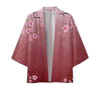 Generisch Men's Cardigan with Cherry Flowers Print Spring Summer Fashion Casual Antique Shirt Collarless Long Sleeve Printed Comfortable, Wine Red, 3XL