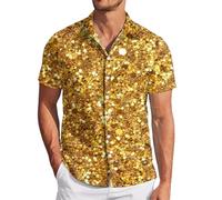 Generisch Men's Carnival Fashion Digital 3D Print Short Sleeve Button Down Shirt Top Casual Leisure Design, gold, L