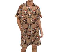 Generisch Men's Christmas Pyjama Set in Multicoloured Printed Silk Satin with Short Sleeves and Button Placket Pyjamas Men Size 58, coffee, XL
