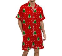 Generisch Men's Christmas Pyjama Set in Multicoloured Printed Silk Satin with Short Sleeves and Button Placket Pyjamas Men Size 58, red, XL