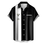 Generisch Men's Cocktail Print Short Sleeve Shirt with Colour Gradient and Chest Pocket - Casual Shirt with Martini Glass Motif and Black and White Gradients | Casual Party Shirt for Summer and