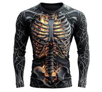 Generisch Men's Compression Shirt with Burning Skeleton - Long Sleeve Functional Shirt with 3D Print for Sports and Halloween | Rash Guard for Fitness, Gym and Running, Style J01 Black, M