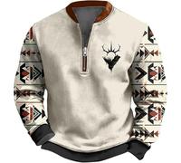 Generisch Men's Ethnic Style Sweatshirt with Stag Graphic - Casual Troyer with Aztec Pattern on the Sleeves | Pullover with Zip Collar, style_k01 beige, XL