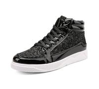 Generisch Men's Fashion Light Leather with Sequins Thick Sole High Top Casual Shoes Comfortable Sneakers, black, 9 UK