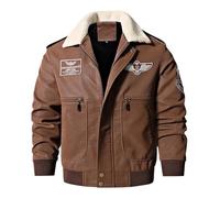 Generisch Men's Faux Leather Aviator Jacket with Sherpa Collar - Lined Pilot Bomber Jacket with Patches | Classic Transition Jacket in Vintage Style, style_o02 brown, XL