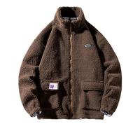 Generisch Men's Fleece Jacket Patchwork Design Stand-Up Collar Winter Outerwear Teddy Fleece Sweat Jacket Zip (Brown, XL)